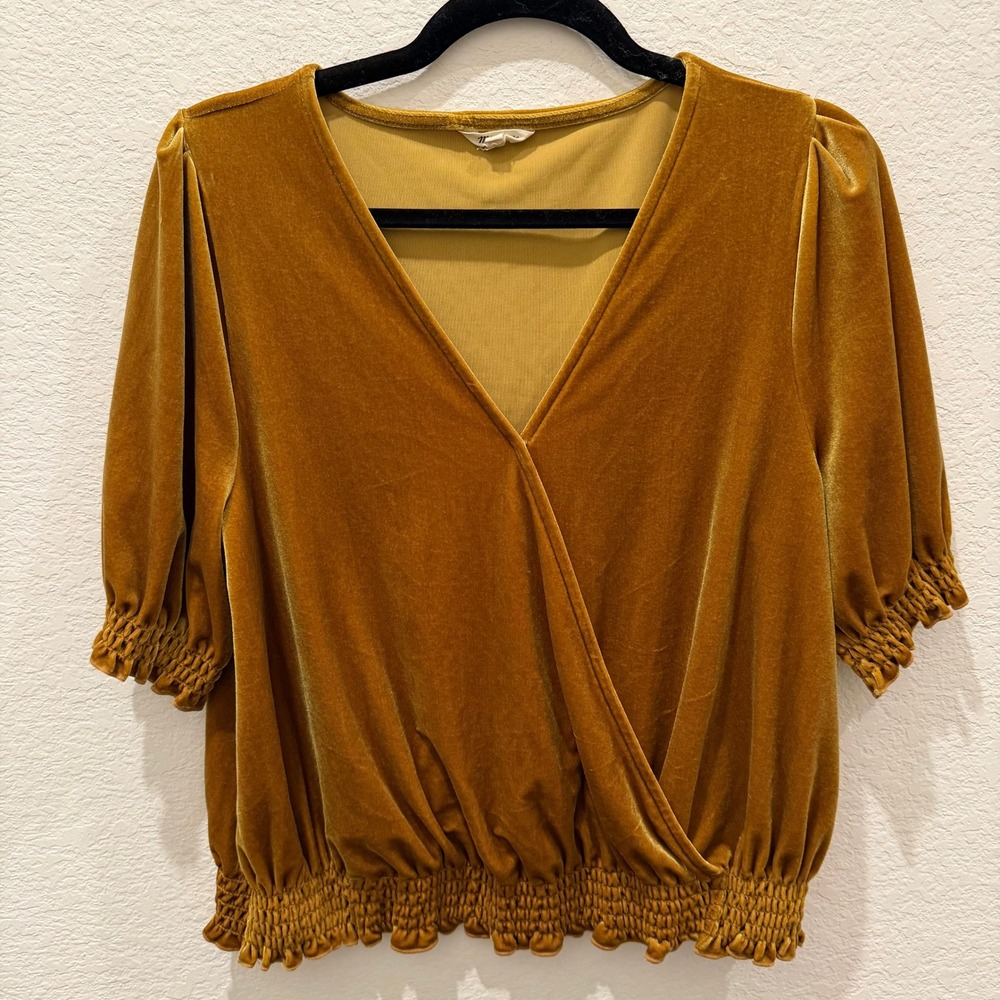 Madewell Velvet Wrap Front Puff Sleeve Smocked Blouse Mustard Yellow Gold L